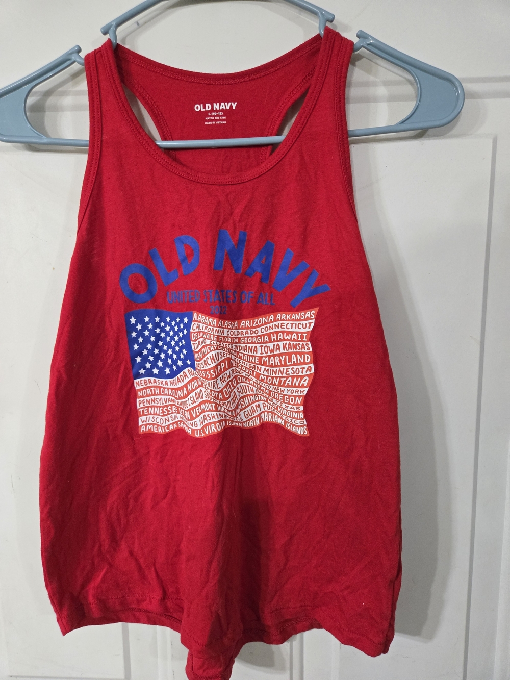Old Navy Red Tank Top with Blue and White Flag Graphic and Logo